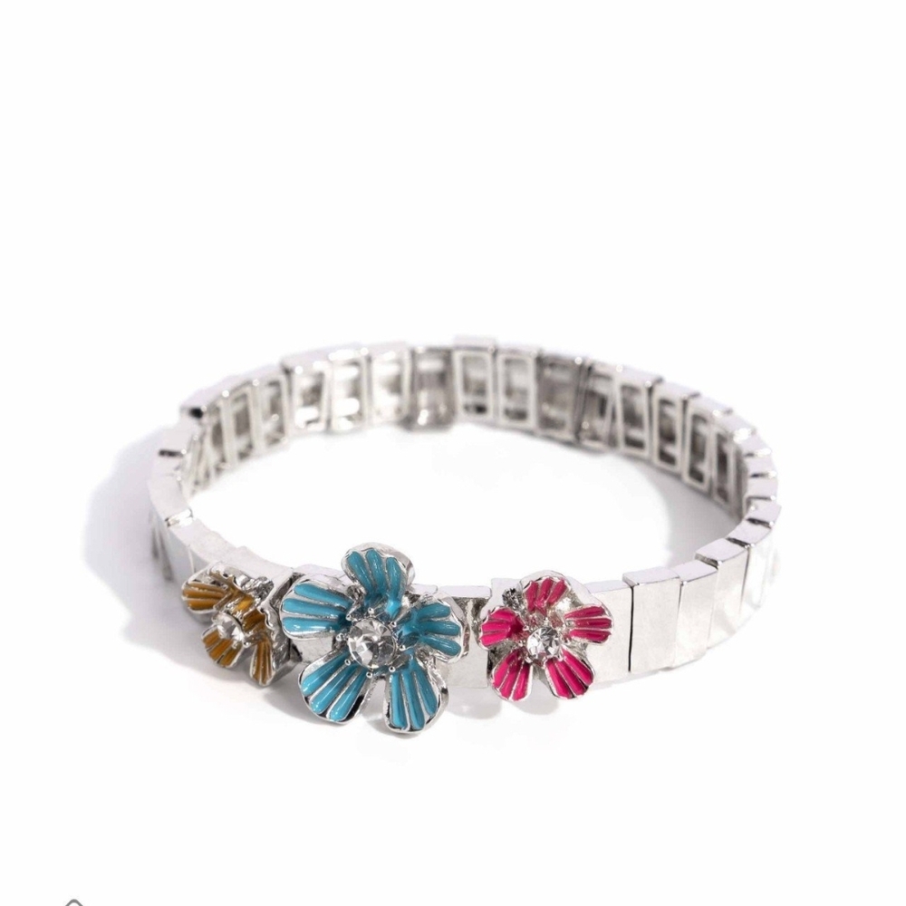 Paparazzi Silver and Blue Floral Bracelet Hamptons Headline Street Jewelry